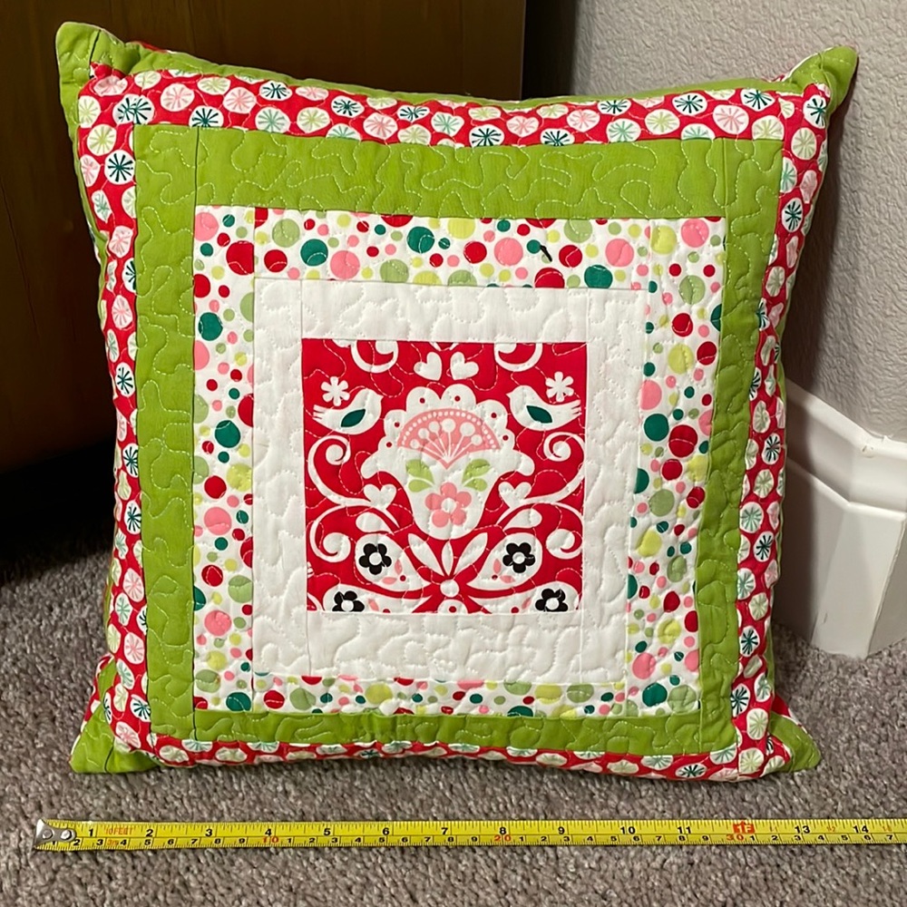 NEW handmade quilted throw pillow lime green red and pink mod cotton holiday
